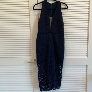 Manning Cartell navy deep v lace sheath dress with racer back style back